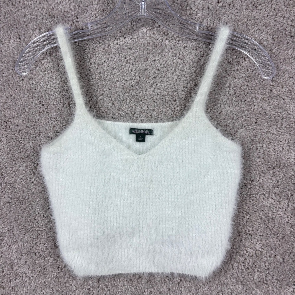 Wild Fable‎ Womens White Fuzzy Eyelash Knit Cropped Cami Tank Top Small 3887